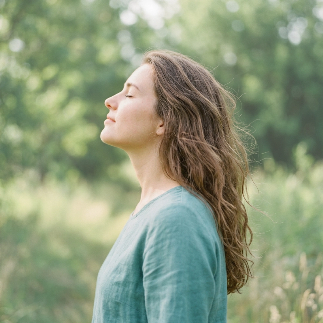 Woman breathing calmly outdoors in soft natural light