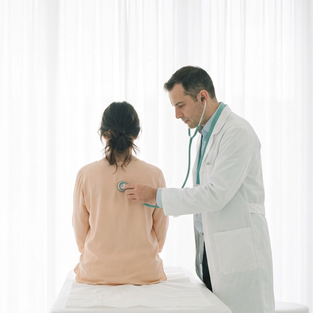 Doctor examining patient’s back with stethoscope in bright clinical room