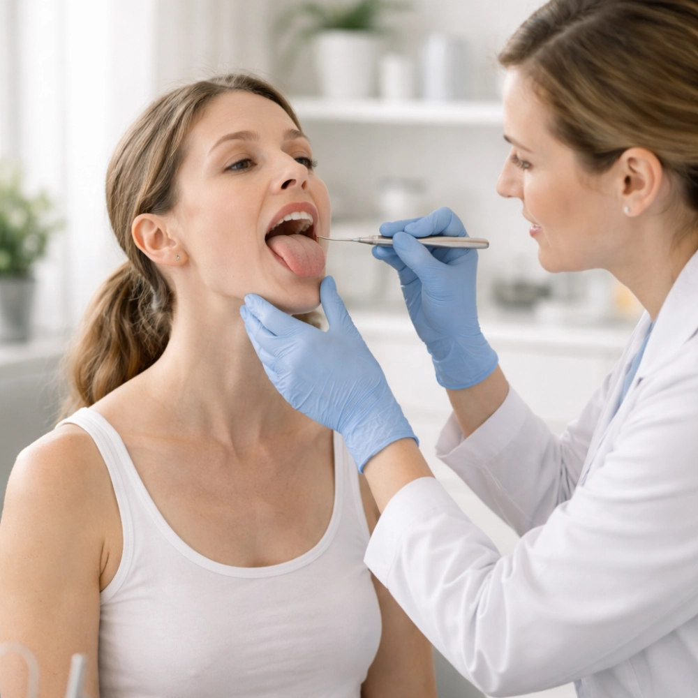 A healthcare professional wearing gloves uses a tongue depressor to examine an adult woman’s throat during a routine check-up in a bright, modern clinic.