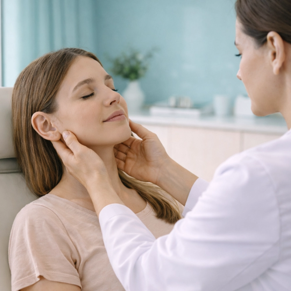Practitioner gently examining a woman’s jaw and neck in a calm dental clinic setting.