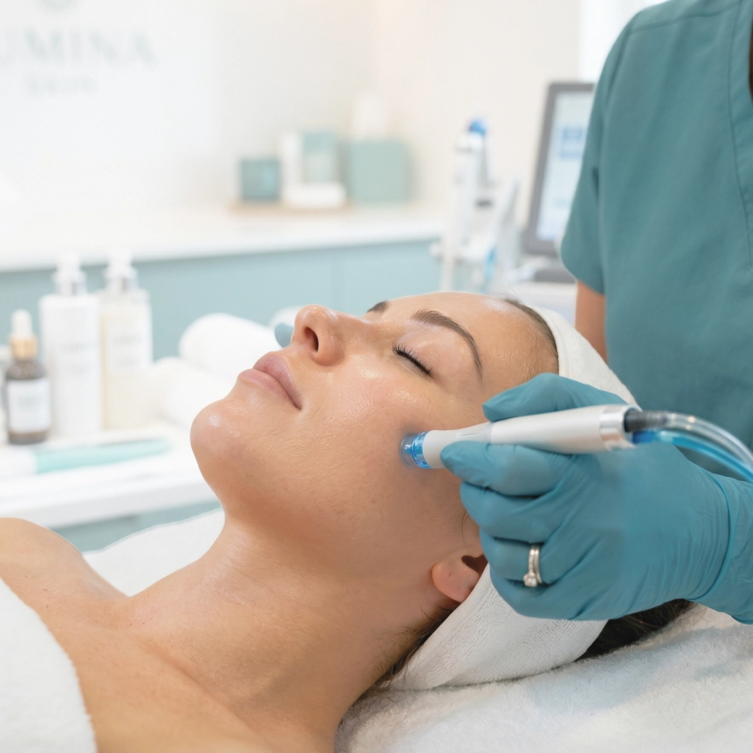 Cosmetic facial treatment being performed in a clinical setting