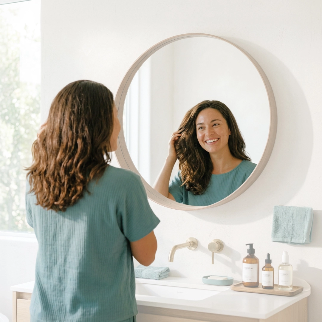 Woman smiling at her hair reflection in a bright bathroom