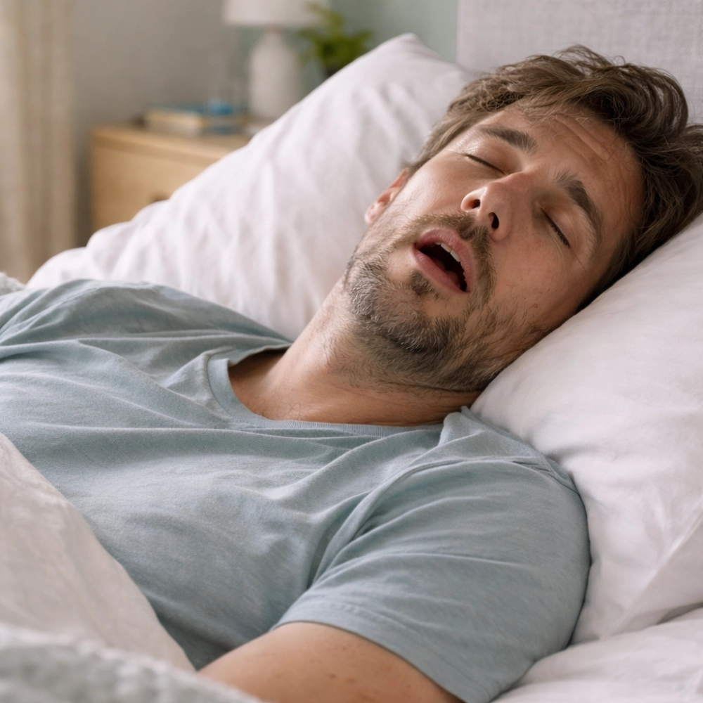 Man sleeping with open mouth, indicating snoring.