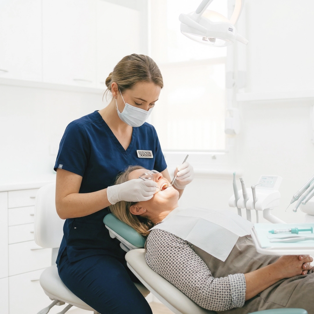 Dentist performing a routine teeth and gums examination