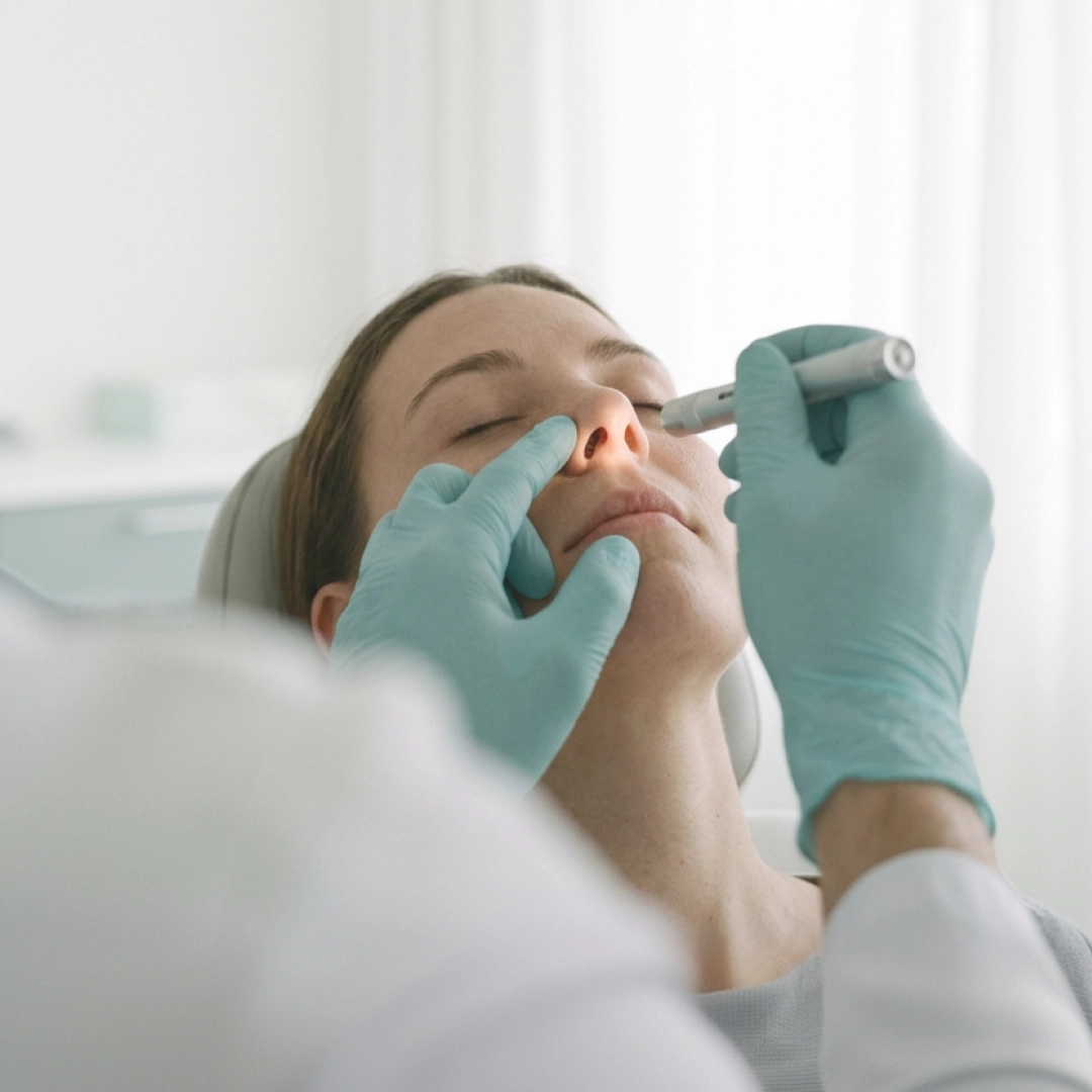 Doctor performing nasal treatment with medical tool on patient in clinic