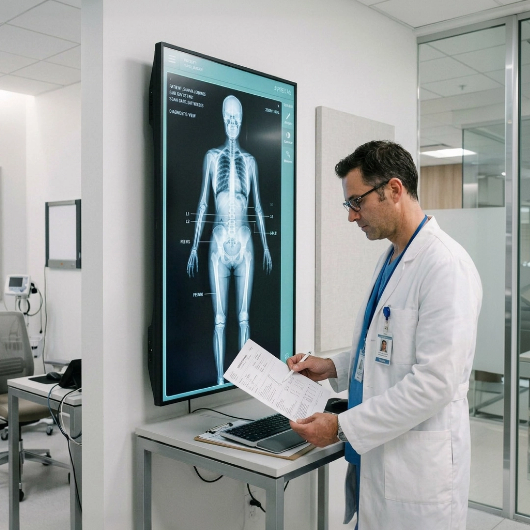 Doctor reviewing full-body X-ray scan in a modern clinic