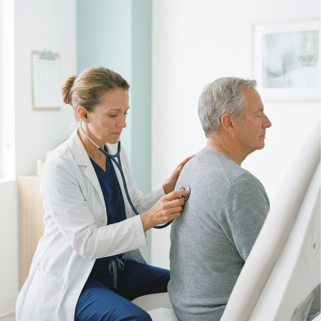 Doctor checking patient’s breathing with a stethoscope
