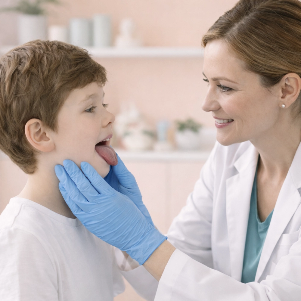 A friendly healthcare provider gently examining a young boy’s throat during a check-up, with the child sticking out his tongue and the clinician smiling reassuringly in a bright, clean clinic setting.