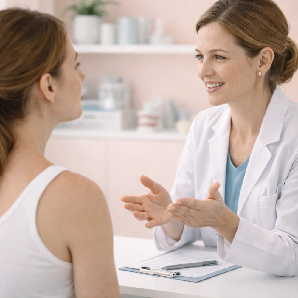 A doctor smiles and gestures while speaking with a female patient during a consultation in a clean, modern clinic setting.