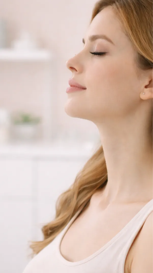 A woman sits relaxed with eyes closed during a calm wellness or clinic session in a bright, modern setting.