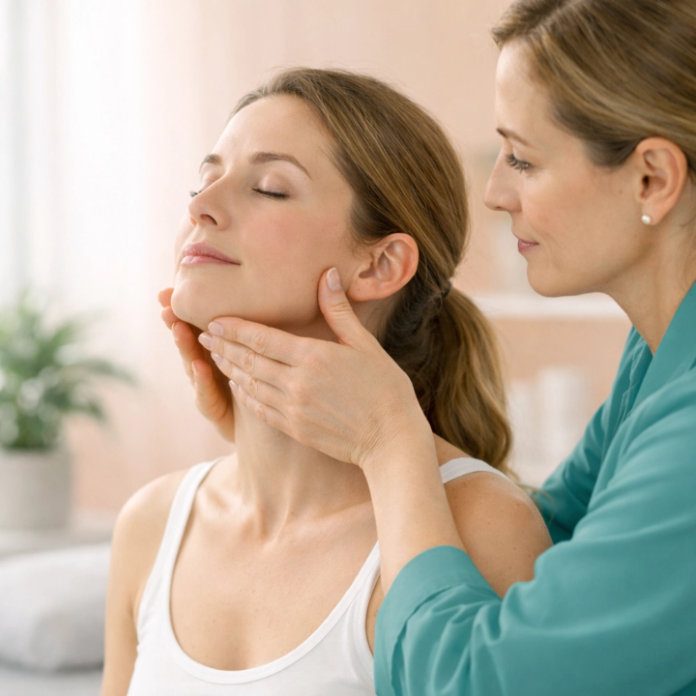 A calm, close-up scene of a female practitioner gently examining a woman’s jaw and neck during a wellness or aesthetic consultation, set in a bright, modern clinic.