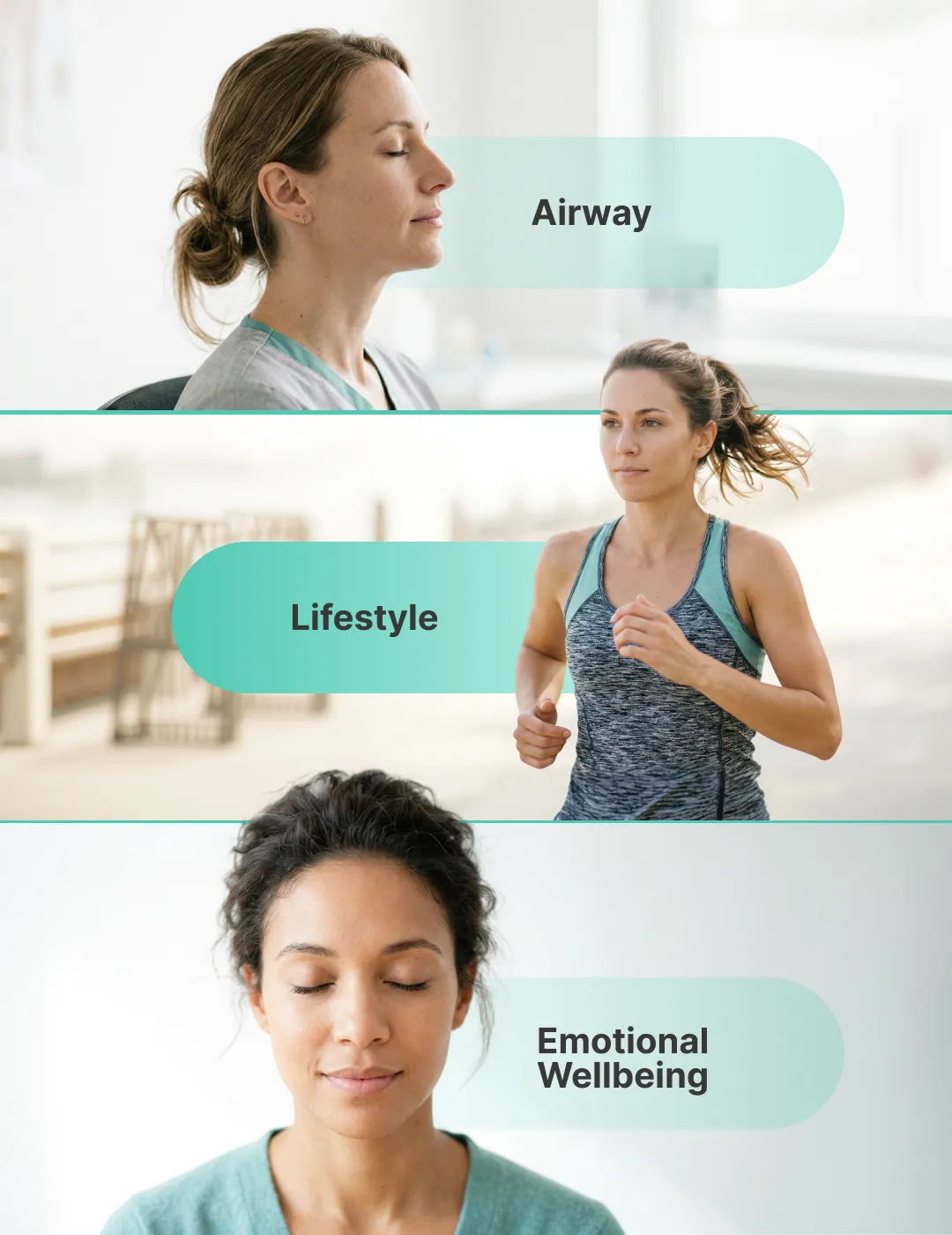 Collage of three women representing wellness pillars: breathing calmly indoors, running outdoors, and meditating peacefully