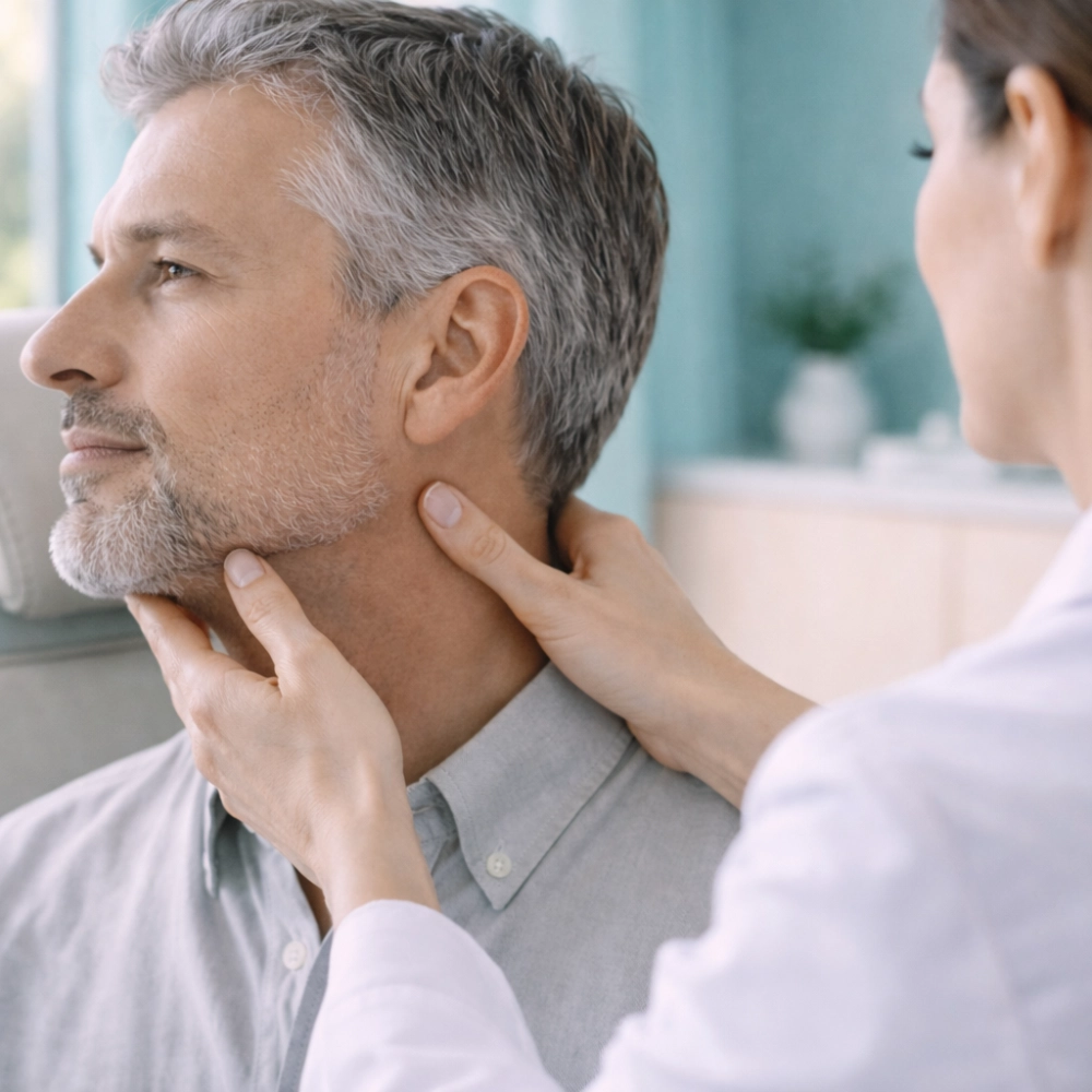 Practitioner gently examining a man’s jaw and neck in a modern clinical setting.