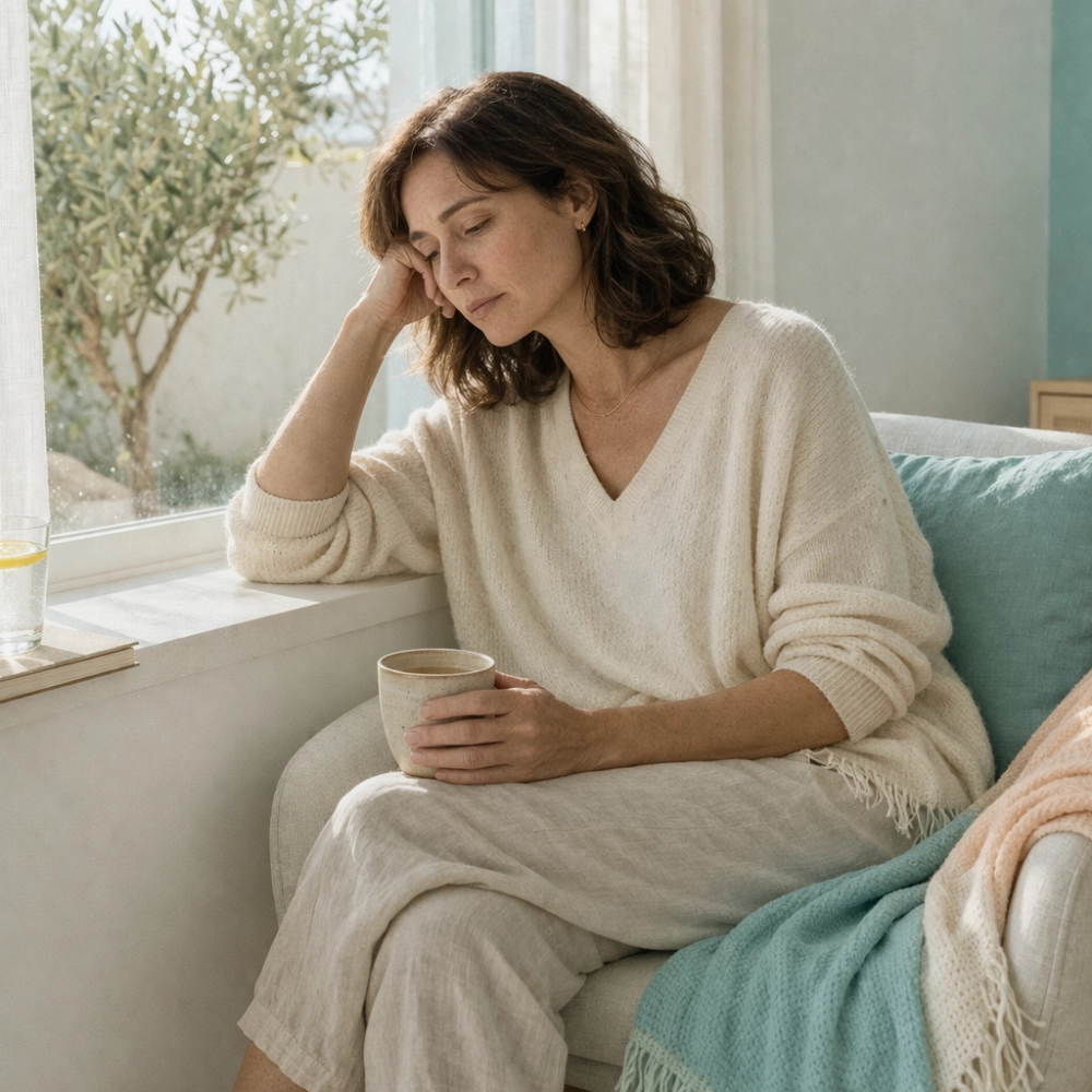Woman sitting by window looking tired and concerned.